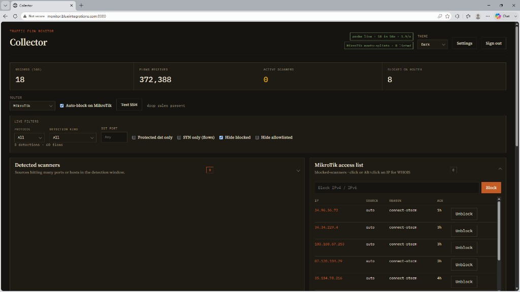 Collector dashboard — traffic flow monitor with live scanner detection and MikroTik blocking